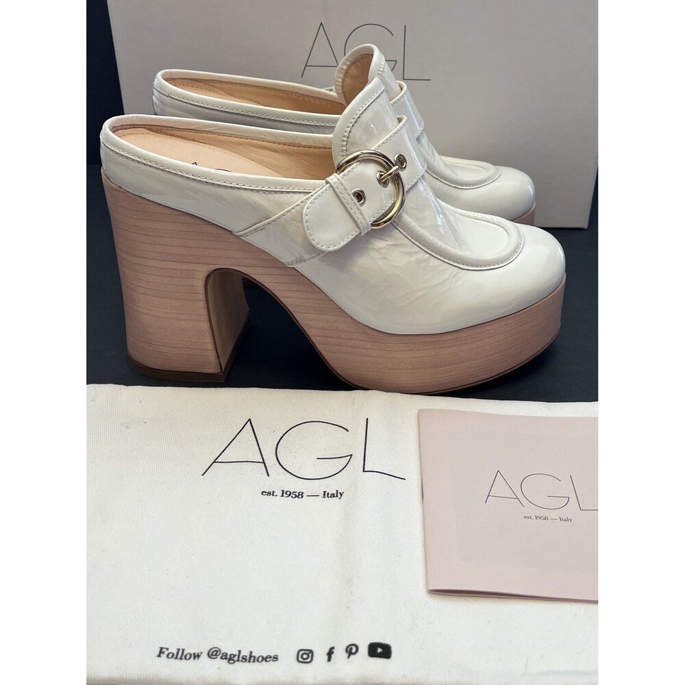 AGL Sista Moc White Textured Patent Leather Platform Clog Mule NEW $665 Size 39